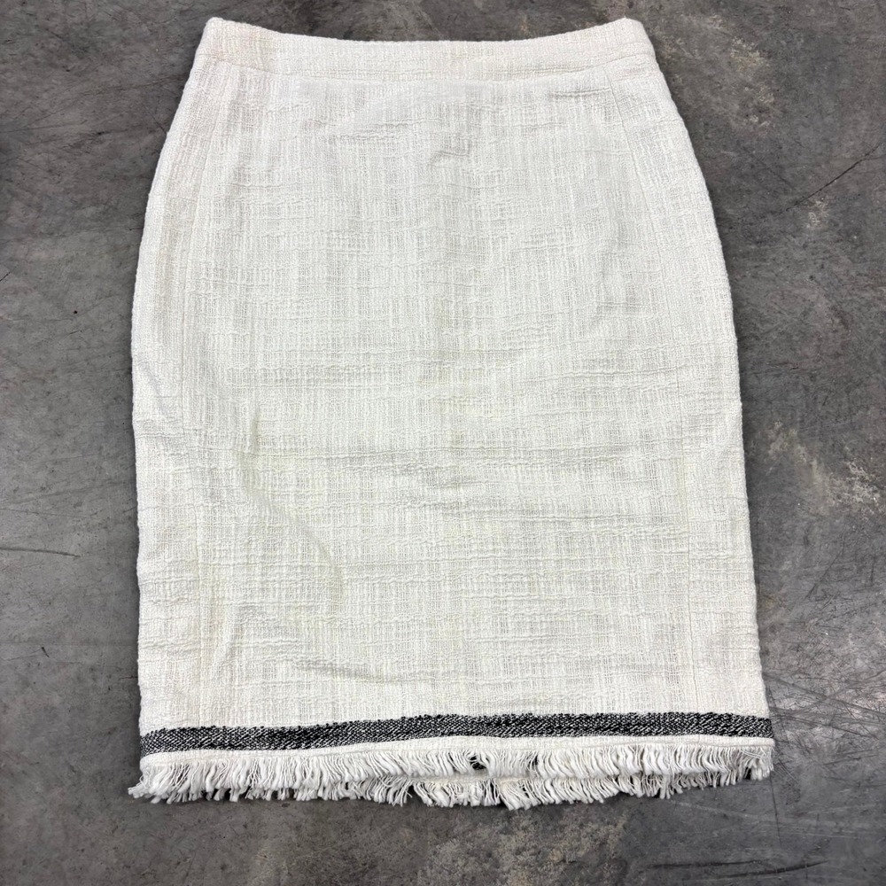 J.Crew White Tweed Fringe Hem Pencil Skirt E8494 Size 6 Women Cream Cotton Blend